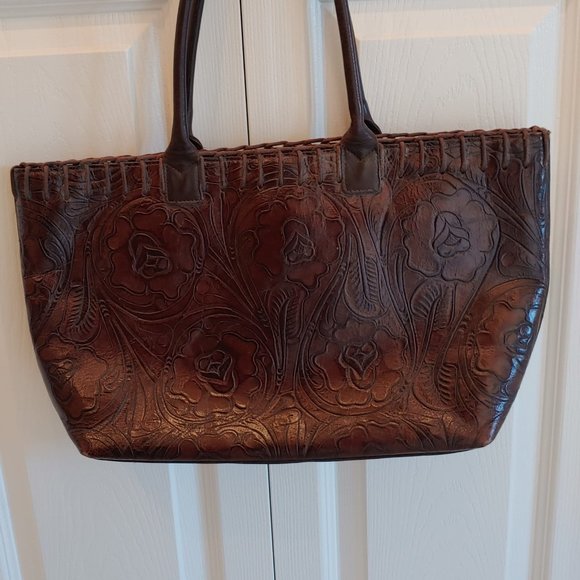 Lady's purse/handbag in brown embossed leather - Picture 1 of 3